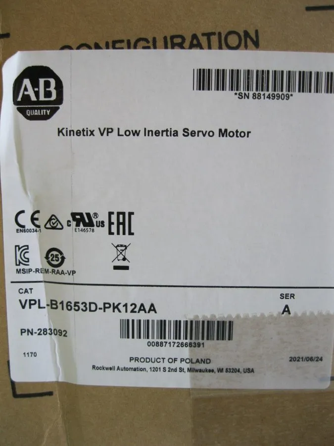 Серводвигатель Allen-Bradley VPL-B1653D-PK12AA Kinetix VP Low Inertia Servo Moto