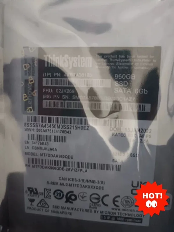 Сервер Lenovo 4XB7A38185 ThinkSystem 02JK269 960GB 2.5" Entry SATA 6Gb Hot Swap 
