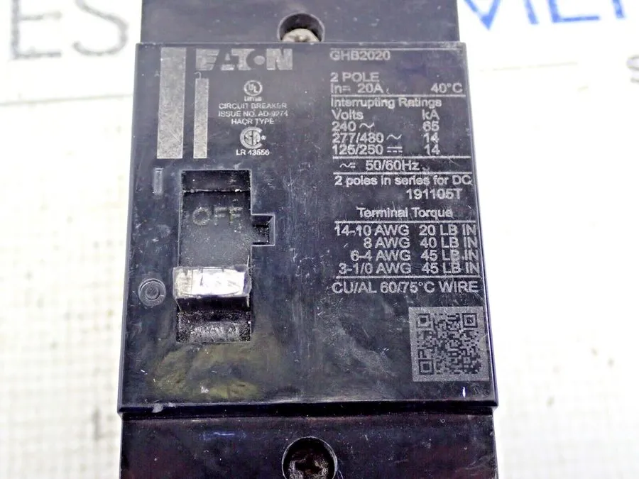 Автоматический выключатель EATON CUTLER-HAMMER GHB2020 2 POLE 20 AMP 480v CIRCUI