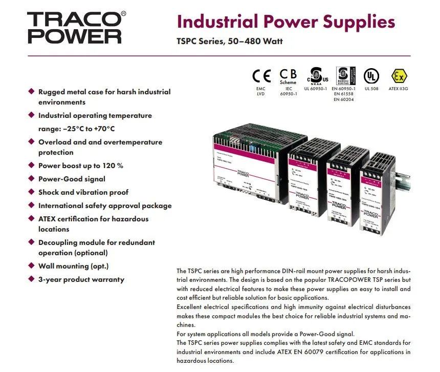 Блок питания TRACO TSPC 120-124 120W 24V 5A DIN Rail Power Supply Metal Case