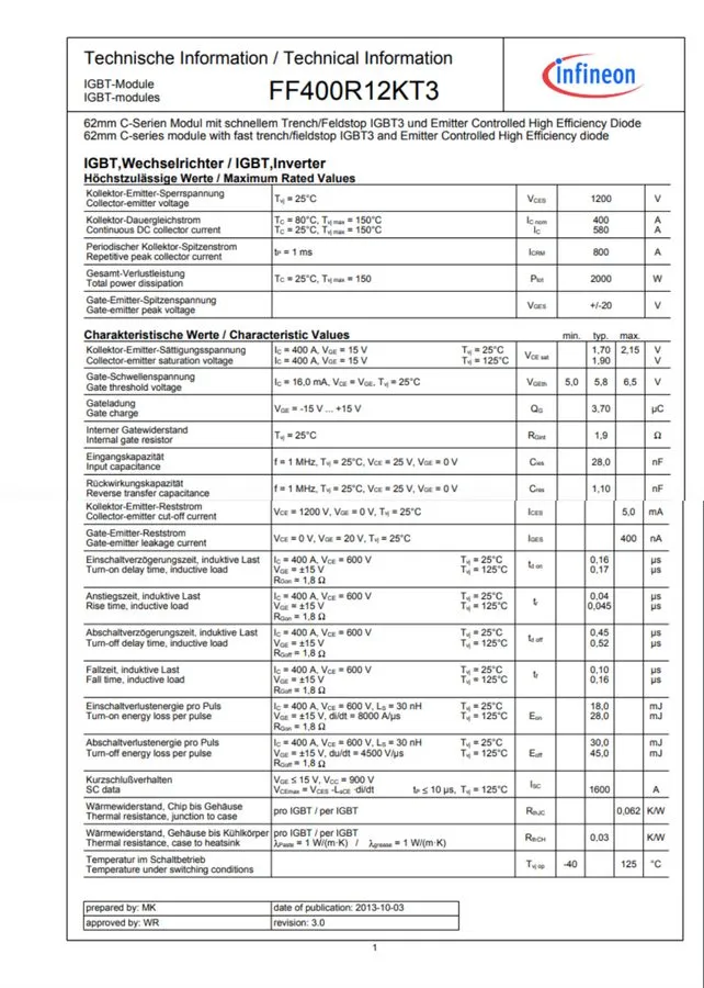 Силовой модуль IGBT INFINEON FF400R12KT3 High Frequency IGBT Power Module
