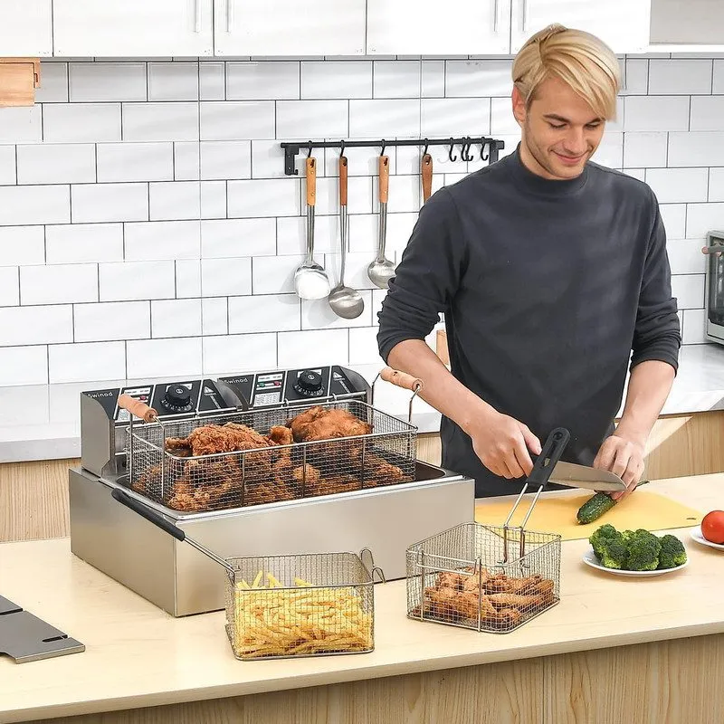 Фритюрница Commercial Deep Fryer with Baskets, 3400W 12.7QT/12L Thickened Stainl