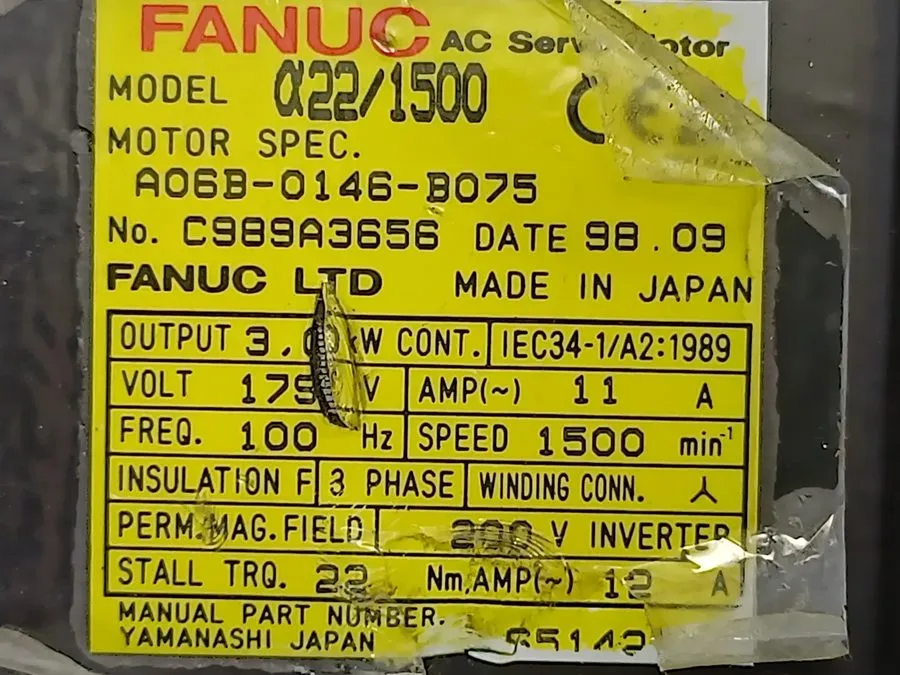 Серводвигатель Fanuc A06B-0146-B075 Ac Servo Motor A22/1500 3.0Kw