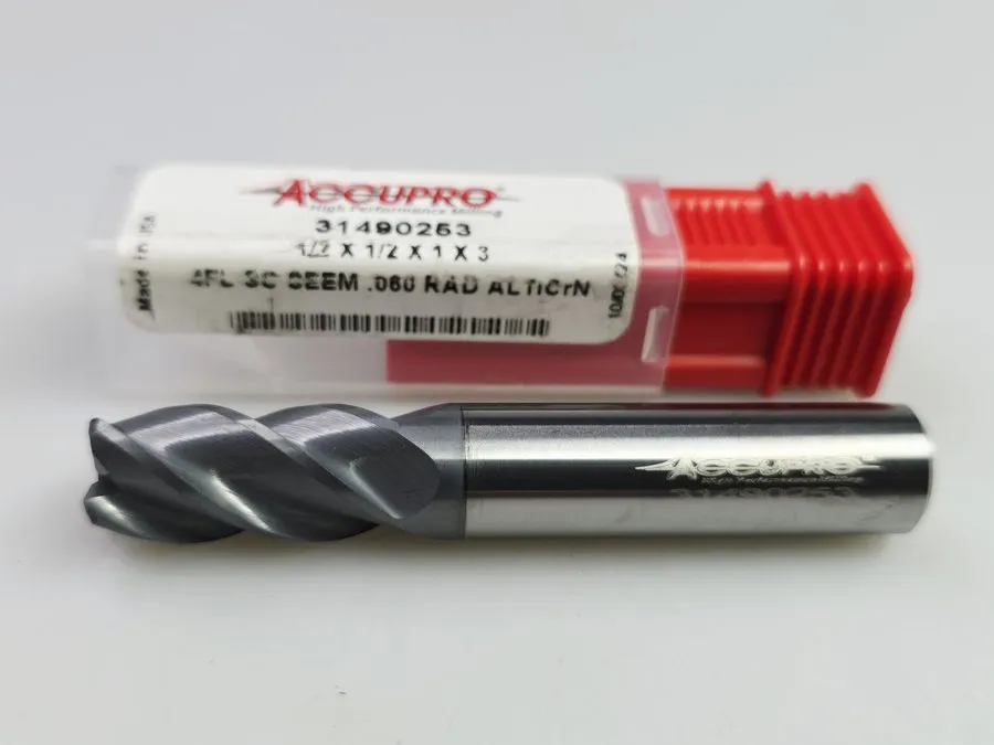 Режущий инструмент Accupro 1/2" x 1/2 x 1 x 3 R.06 Solid Carbide End Mill AlTiCN — фото лота 1