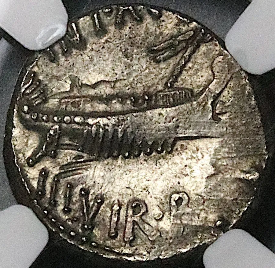 Лабораторный прибор 32 BC NGC AU Marc Antony Denarius Legion XV Roman Imperatori — фото лота 2