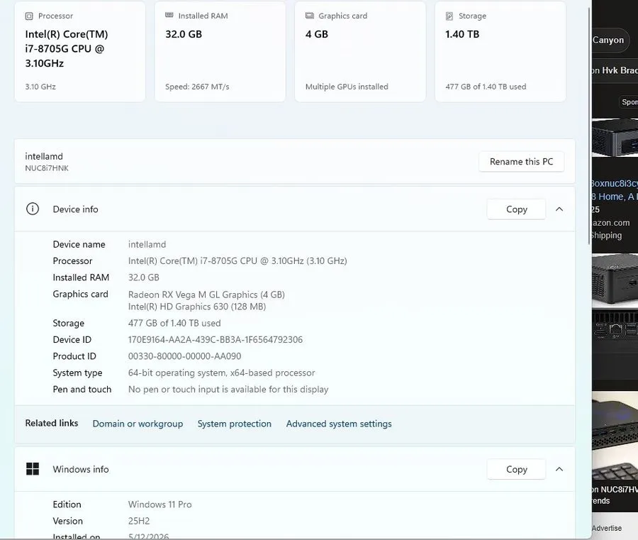 SSD-накопитель Intel NUC 8 NUC8i7HNK Mini PC i7-8705G 500GB NVME 32GB RAM Radeon