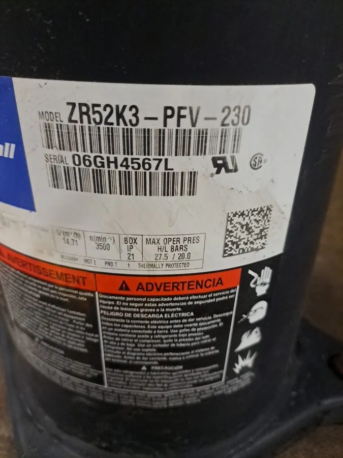Компрессор ZR52K3-PFV-230 Copeland 4 Ton Scroll A/C Compressor R-22 *TERMINAL SA