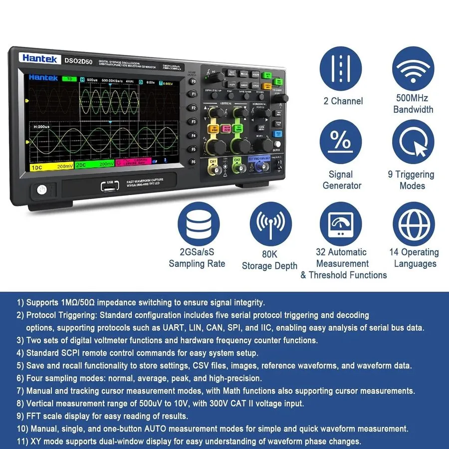 Осциллограф Hantek Digital Storage Oscilloscope DSO2D50 2CH Signal Generator 500