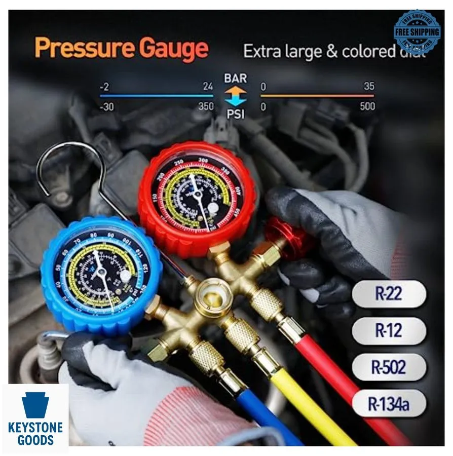 Клапан 3-Valve AC Gauge Set: Durable Hoses, Quick Couplers & Moisture Indicator