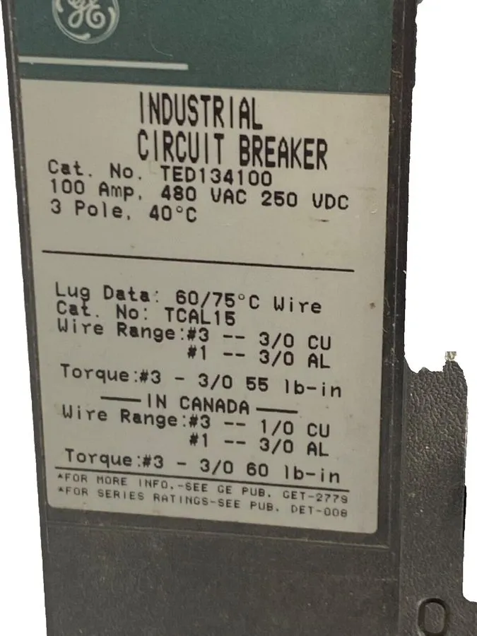 Автоматический выключатель GE Circuit Breaker TED134100WL 100A 3 Pole TED134100 