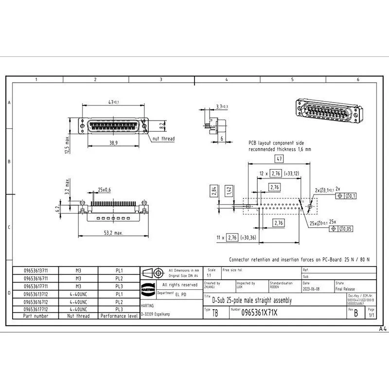 Разъём HARTING Male Connector 09653617712 25-pin