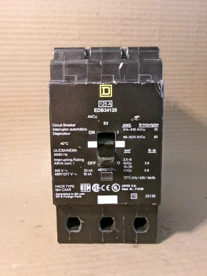 Автоматический выключатель Square D EDB34125 3p 480v 125a 18k Bolt In NF Circuit