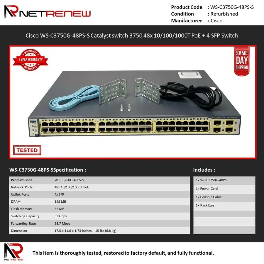 Коммутатор Cisco Catalyst (WS-C3750G-48PS-S) 48 Ports PoE Gigabit Ethernet Switc