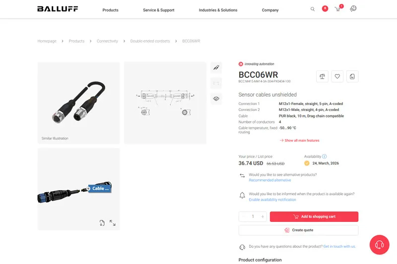 Соединительный кабель Balluff Double Ended Cordset BCC06WR M415-M414-3A-304-PX04 — фото лота 1