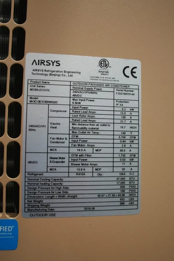 Стойка/шкаф 47,000 BTU Airsys Mobilecool Outdoor CRAC Air Conditioner 240VAC/1PH — фото лота 1