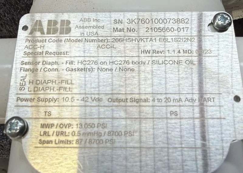Датчик давления ABB Totalflow 266HSH Pressure Transmitter 0-6000 PSIG 2105660-01