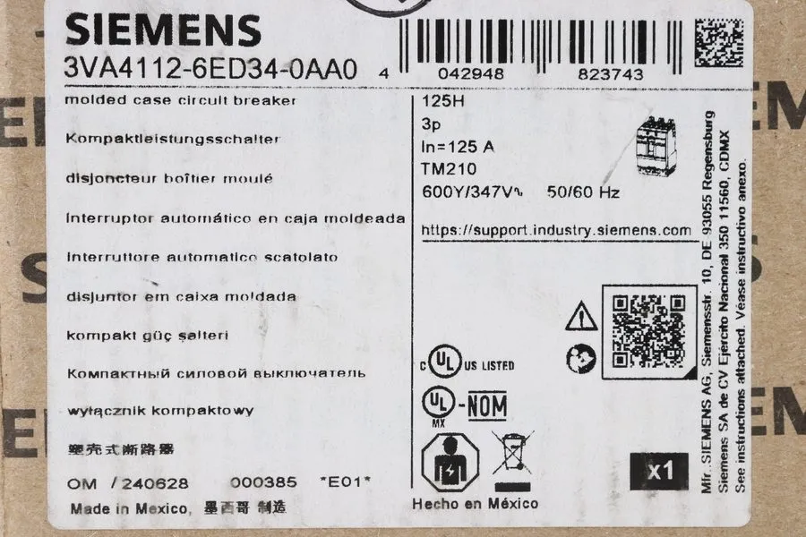 Автоматический выключатель 3VA4112-6ED34-0AA0 SIEMENS CIRCUIT BREAKER 3 POLE 125