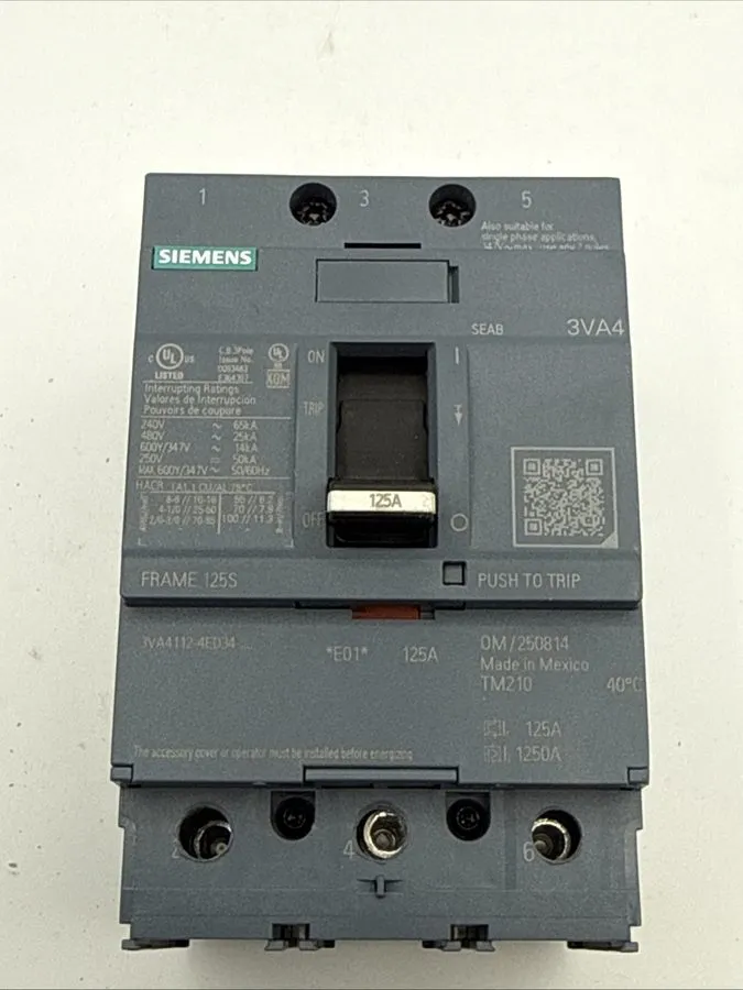 Автоматический выключатель Siemens 3VA4112-4ED34-0AA0 3 Pole, 125 Amps, 480 Volt