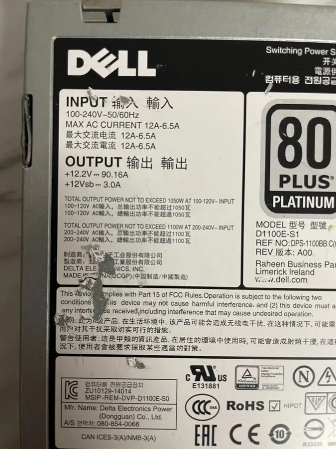 Блок питания (Lot 2X) 1100W DELL Power Supply для Poweredge R730 R630 T630 T430 