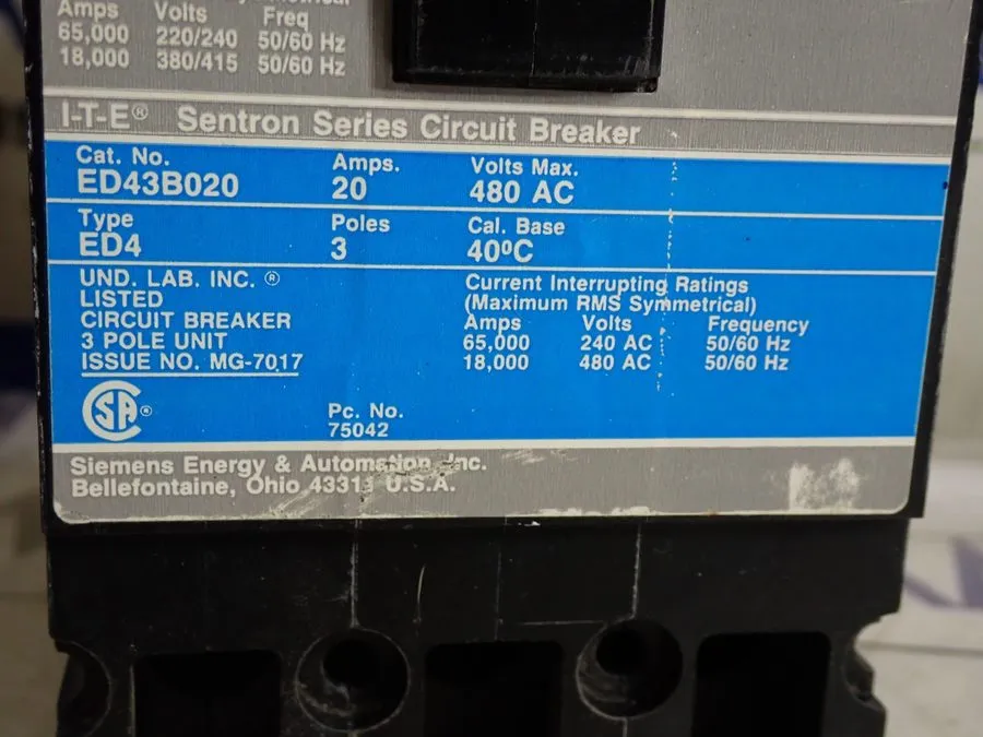Автоматический выключатель Siemens ITE ED43B020 Sentron 20A 3-Pole Circuit Break
