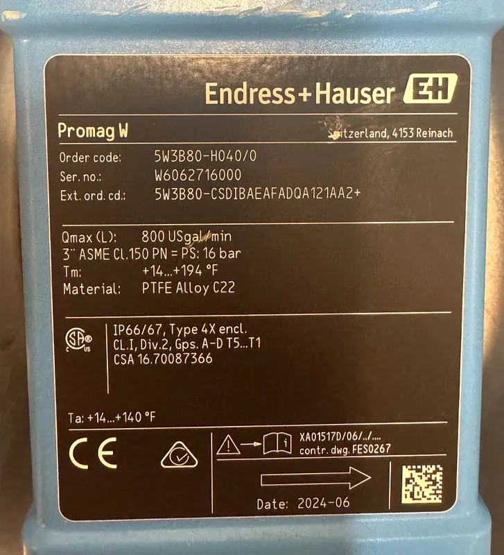 Расходомер E+H Promag W 5W3B80 Electromagnetic Flow Meter — фото лота 1