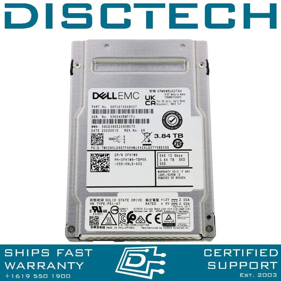 SSD-накопитель Dell Kioxia 3.84TB S 2.5" SAS SSD 12 Gbps KPM6WRUG3T84 FH1W9 100%
