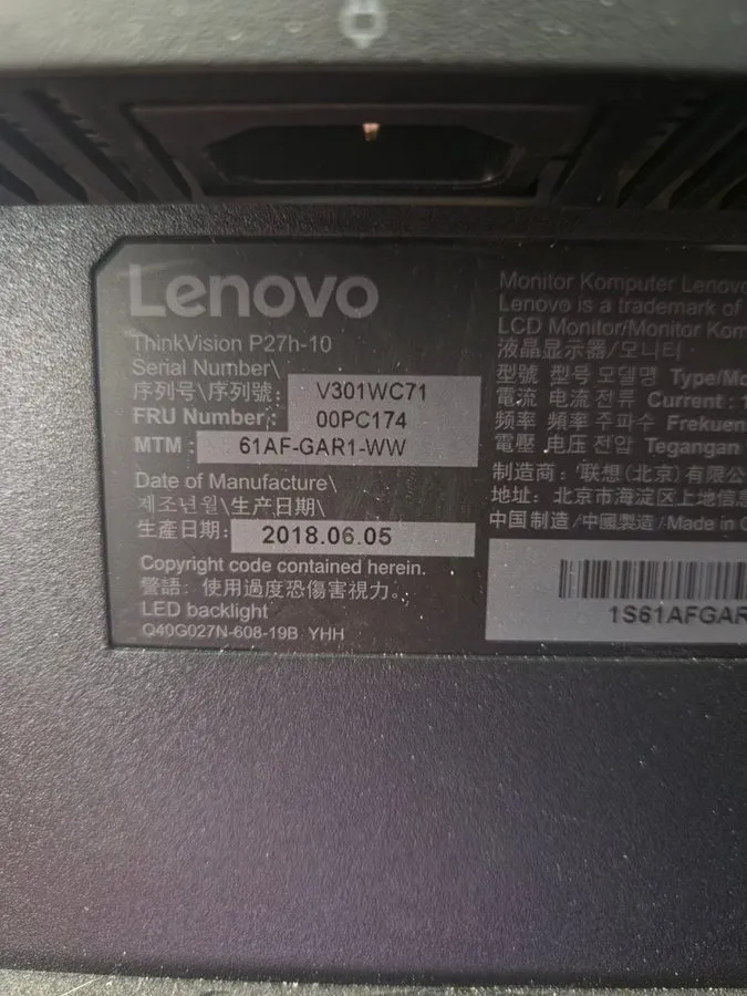 Монитор Lenovo Thinkvision P27h-10 2560x1440p 27" Monitor NO Stand Grade-C
