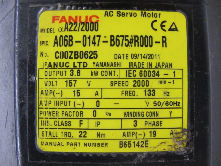 Серводвигатель Fanuc A06B-0147-B675#S000 a22/2000 AC Servo Motor 157 V 3.8 kW A0