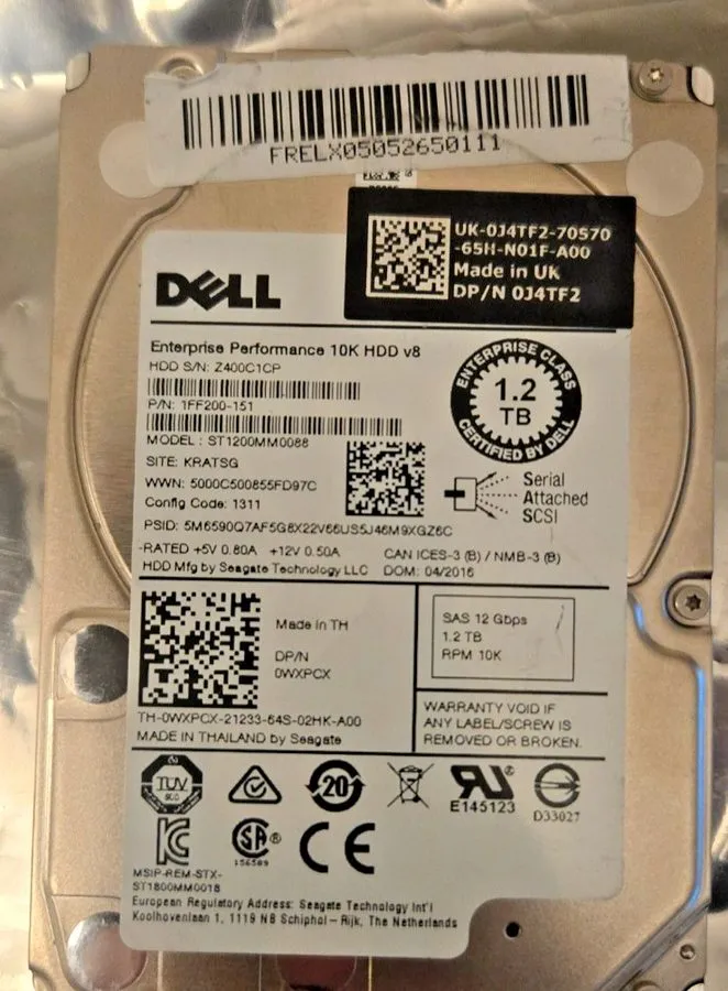 Жёсткий диск Dell 1FF200-151, 0J4TF2, 1.2TB 2.5" SAS Ent. Performance 10K HDD V8