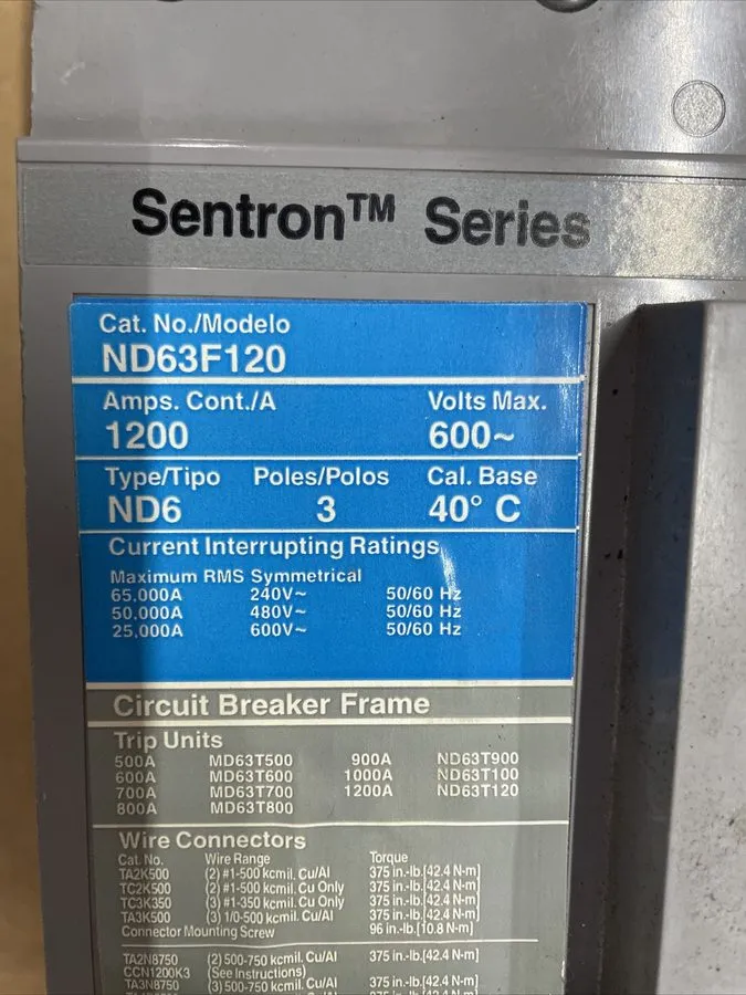 Автоматический выключатель Siemens Sentron Type ND63F120 1200 Amp 600 VAC Circui
