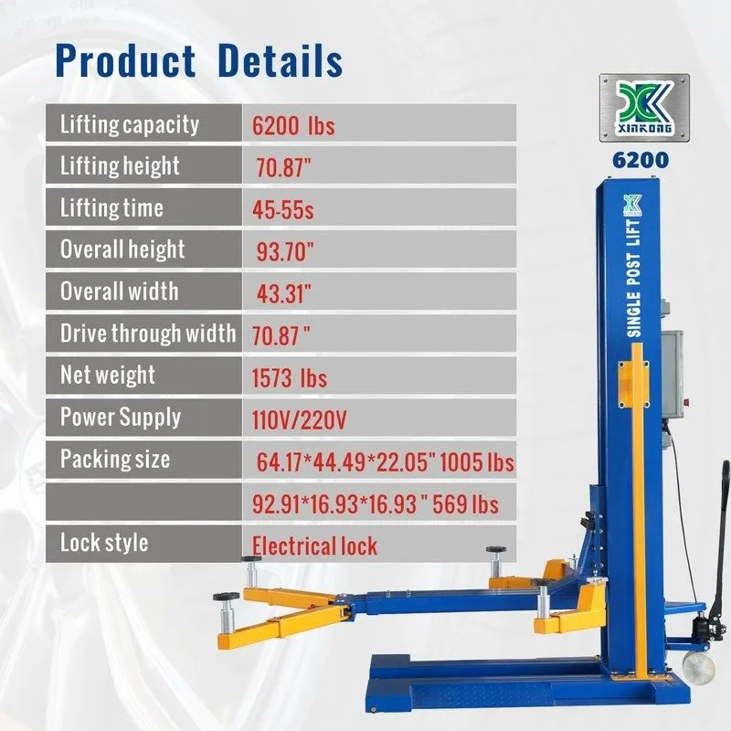 Автоподъёмник XK M6200 Single Post Car Lift Auto Lift Manual Unlock Auto Repair 