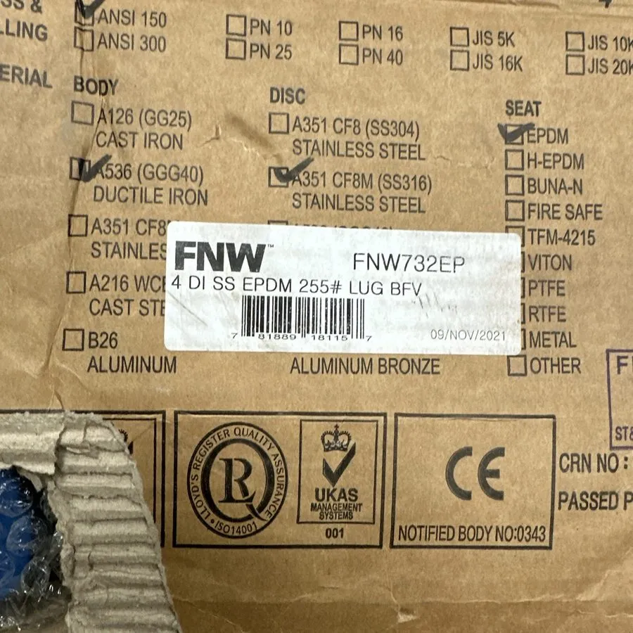 Клапан FNW 4" Lug Butterfly Valve w/ Handle FNW732EP Ductile Iron Stainless Stee — фото лота 2