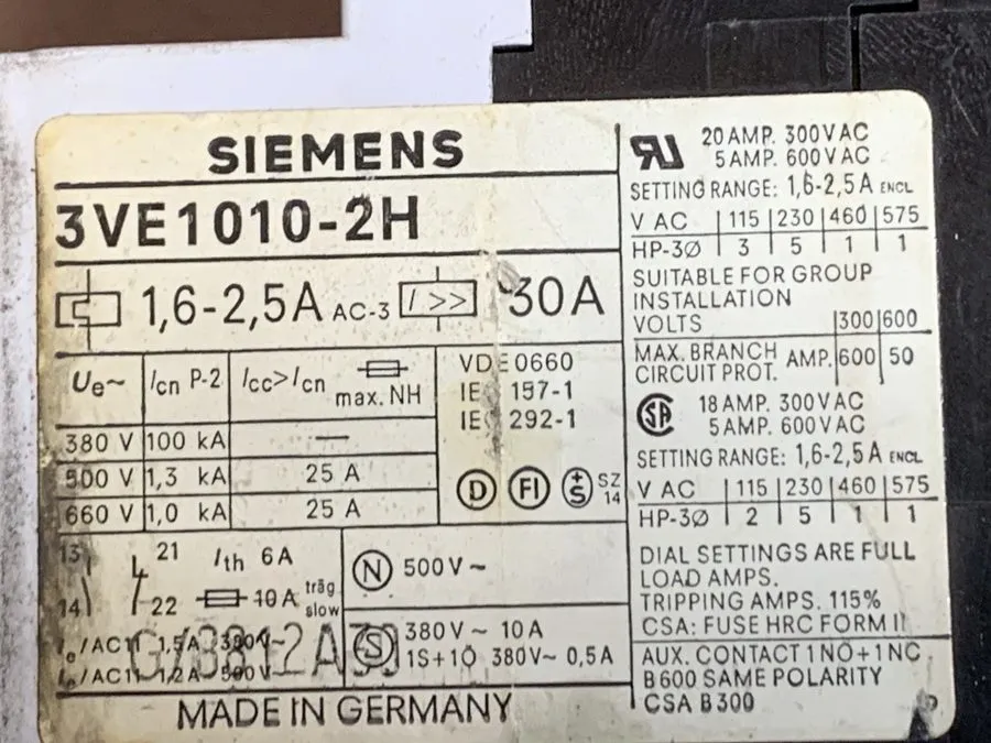 Автоматический выключатель Siemens 3VE1010-2H Motor Protection Circuit Breaker