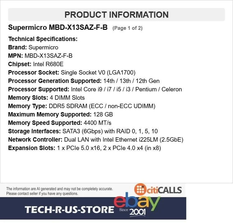 Материнская плата Supermicro MBD-X13SAZ-F-B Intel R680E Single Socket V0 Micro-A