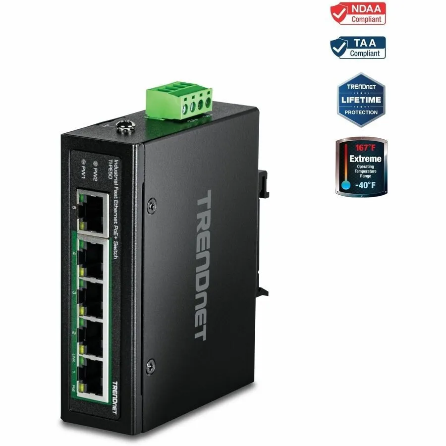 Коммутатор TRENDnet TI-PE50 5-Port Industrial Fast Ethernet PoE+ DIN-Rail Switch