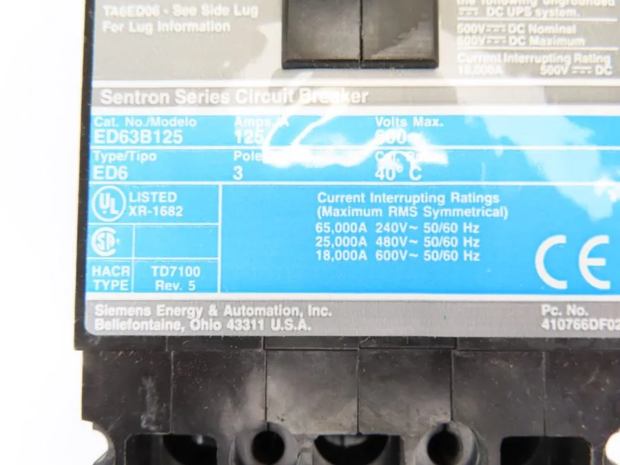 Автоматический выключатель Siemens ED63B125 125A 480V 3Pole Sentron Circuit Brea