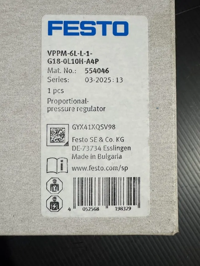 Трубопроводная арматура VPPM-6L-L-1-G18-0L10H-A4P Festo Proportional Pressure Re — фото лота 1