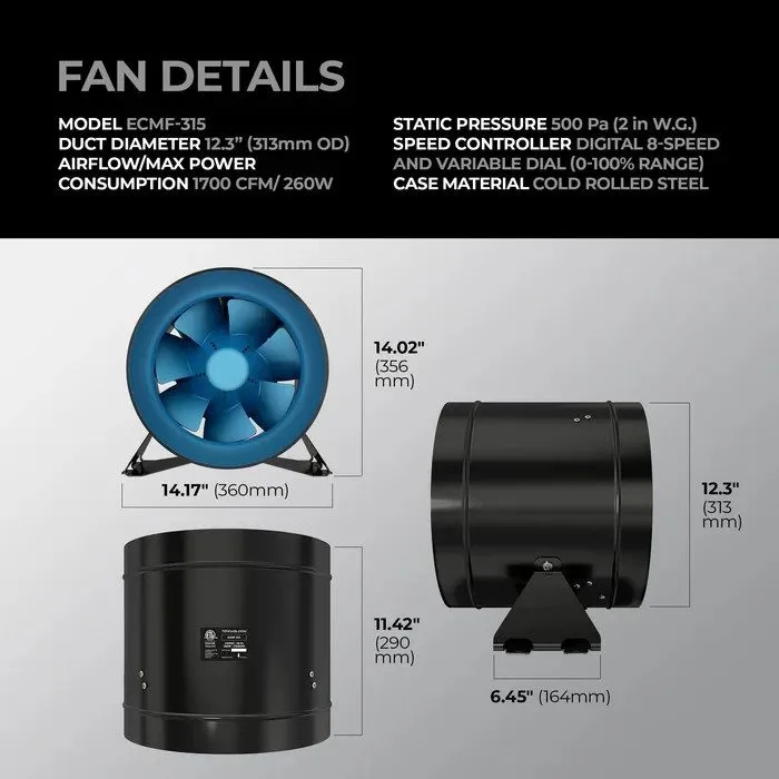 Вентилятор TerraBloom 12.3" (313mm) Inline Duct Fan, ECMF-315, 1662 CFM, 268W — фото лота 1