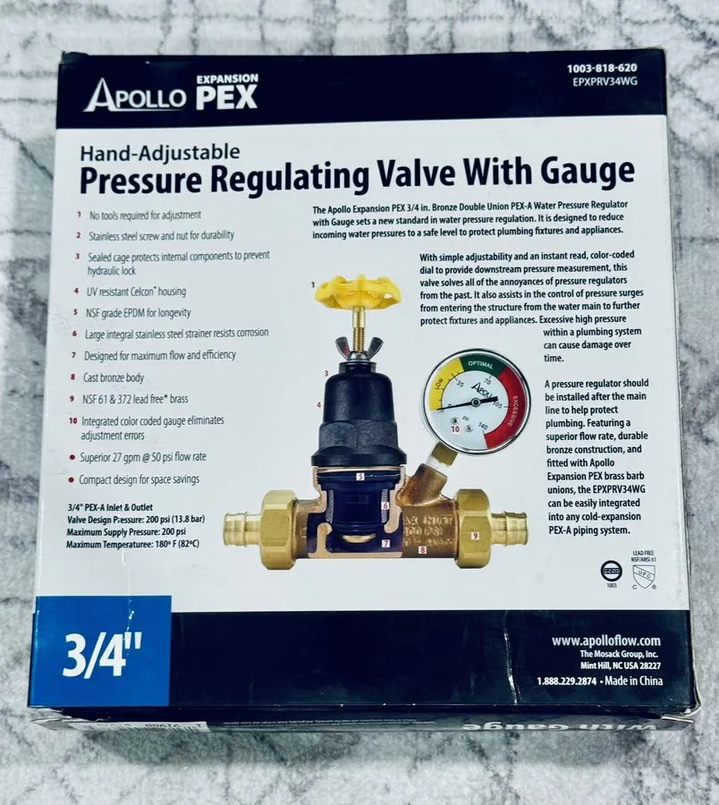 Клапан Apollo PEX EPXPRV34WG 3/4” Water Pressure Regulator Reducing VALVE w/Gaug — фото лота 2