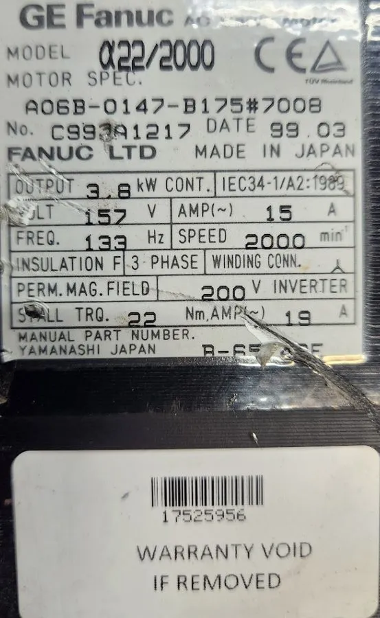 Серводвигатель Fanuc A06B-0147-B675#S000 a22/2000 AC Servo Motor 157 V 3.8 kW A0