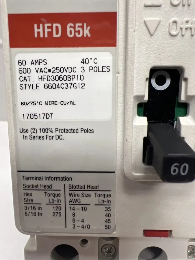 Автоматический выключатель Eaton HFD3060BP10 60A 480V, 600VAC/250VDC 65K Circuit — фото лота 1
