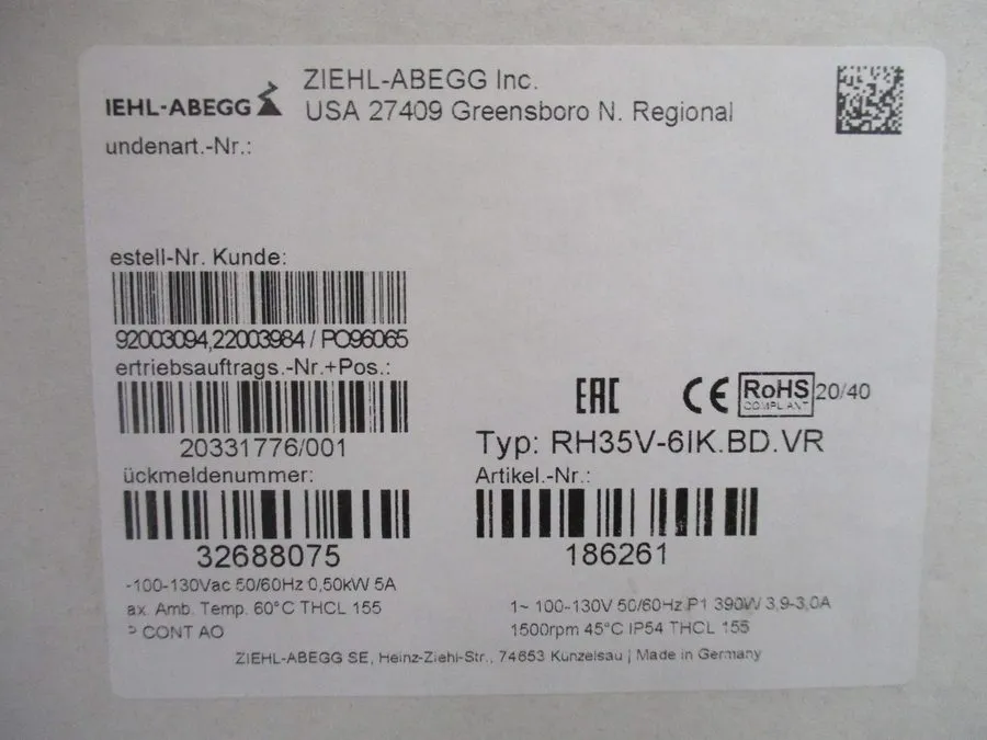 Вентилятор Ziehl-Abegg RH35V-6IK.BD.VR 200-277VAC 1680RPM Centrifugal Fan 2500 C