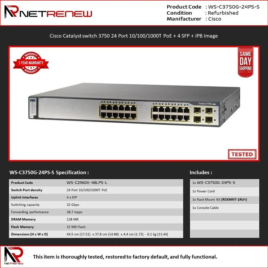 Коммутатор Cisco WS-C3750G-24PS-S Catalyst 3750G 24 Port PoE Gigabit Switch