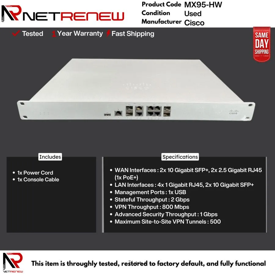 Маршрутизатор Cisco Meraki MX95-HW MX95 Router/Security Appliance, UNCLAIMED/Fre