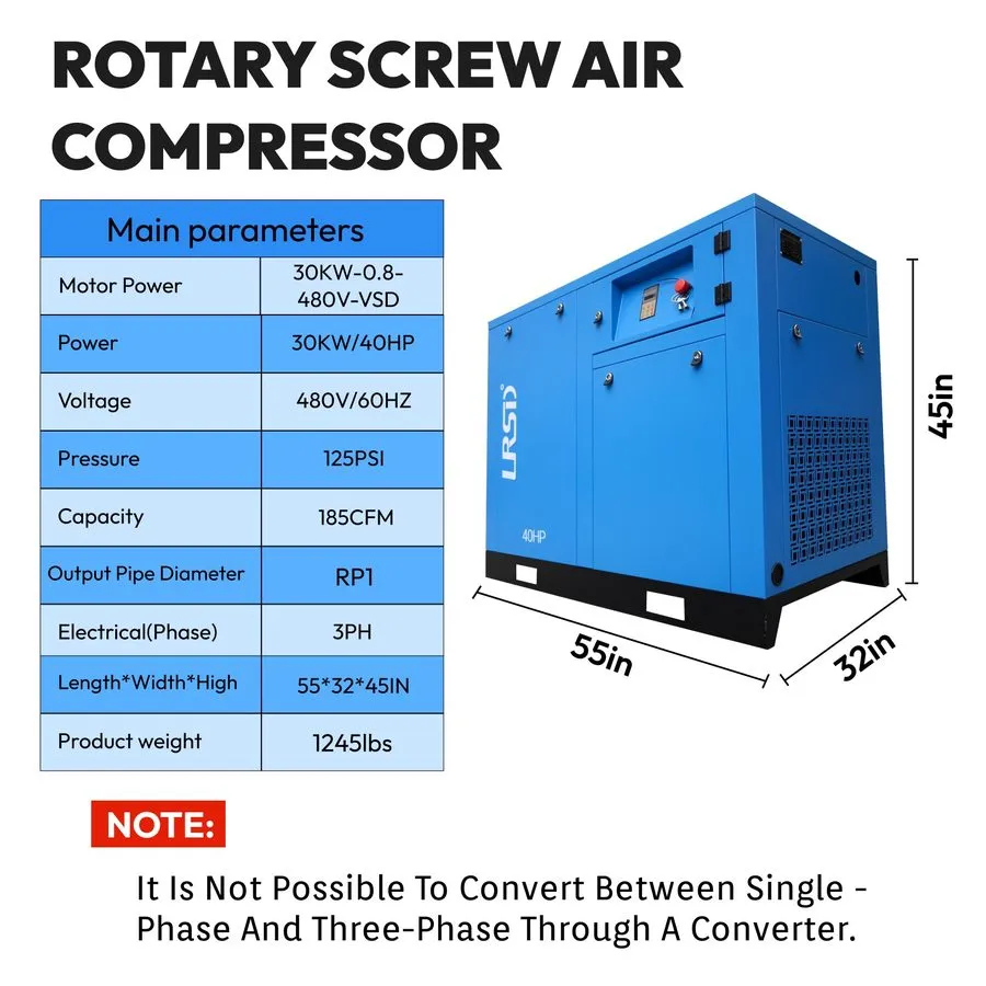 Компрессор 40HP VFD Rotary Screw Air Compressor 3 Ph 185CFM @ 125PSI 480V Indust