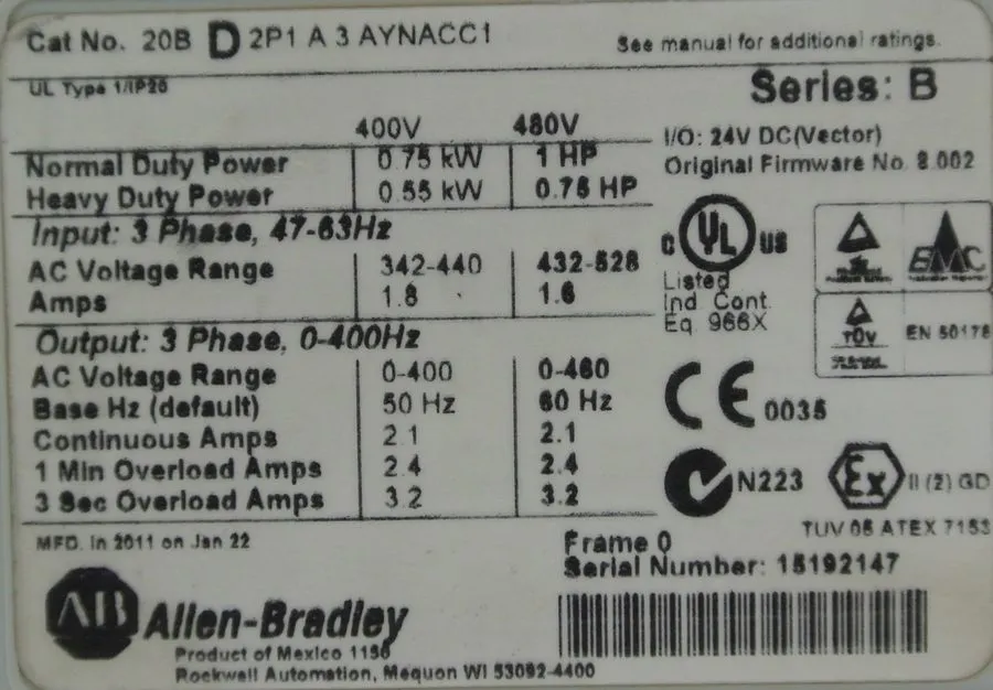 Частотный преобразователь Clean Allen Bradley 20BD2P1A3AYNACC1 PowerFlex 700 Dri