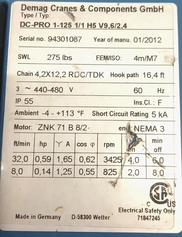 Таль DEMAG ELECTRIC CHAIN HOIST- DC-Com 2-250 1/1 H5 V7,2/1,8 440-480 60