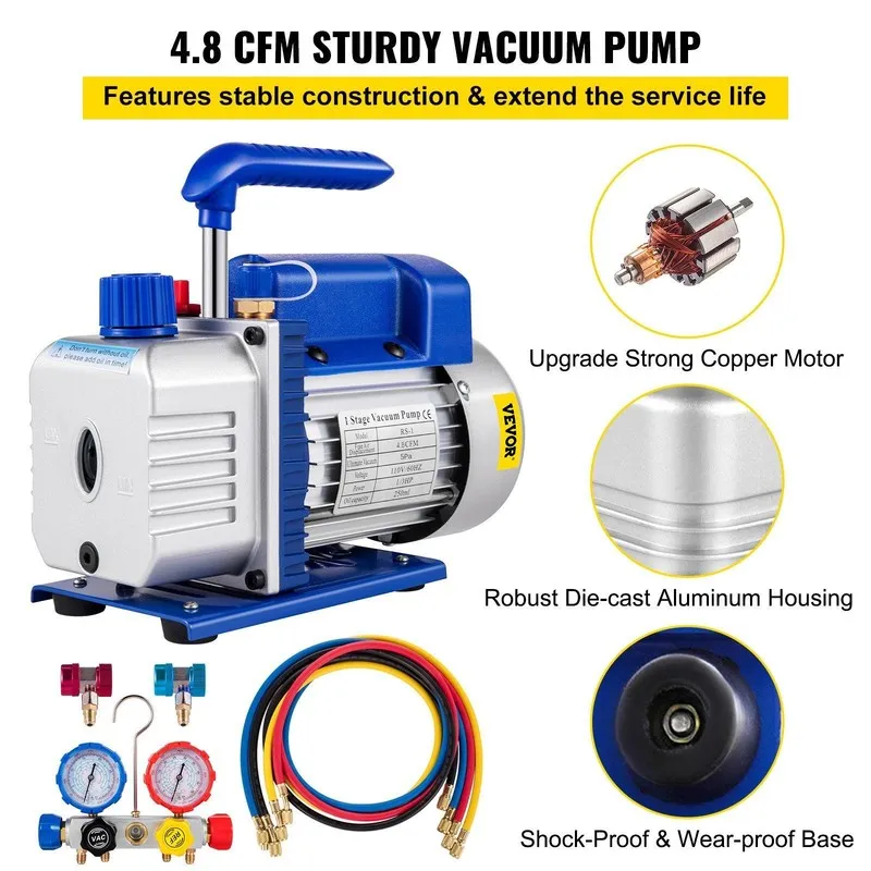 Насос 4.8CFM Vacuum Pump 1/3HP Single Stage HVAC Kit with 5PA Gauge Set — фото лота 2