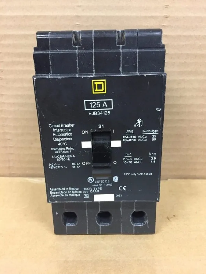 Автоматический выключатель Square D EJB34125 3p 480v 125a 65k NF Bolt In Circuit