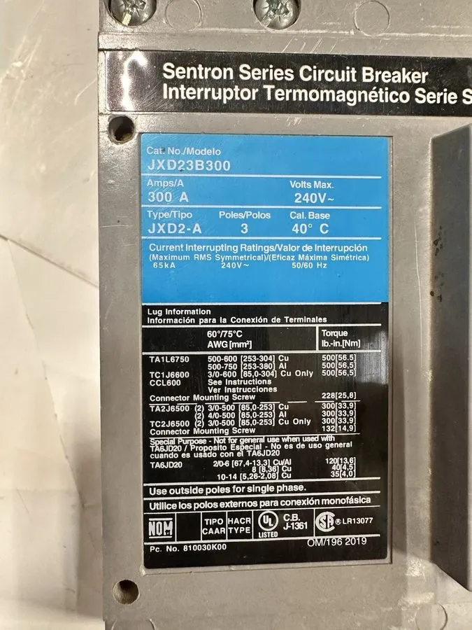 Автоматический выключатель Siemens Sentron Series JXD23B300 300A 3-Phase 3-Pole